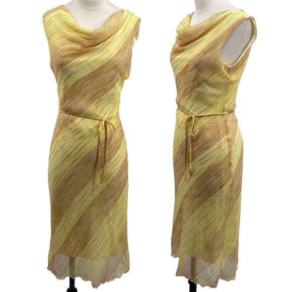 Vintage Dresses & Skirts - Vintage Y2k Bias Cut Cowl Neck Midi Dress Stripe Pattern Tie Waist Yellow Small
